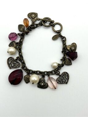 Cookie Lee Signed Bronze Tone Hearts And Dangle Beads Toggle Charm Bracelet